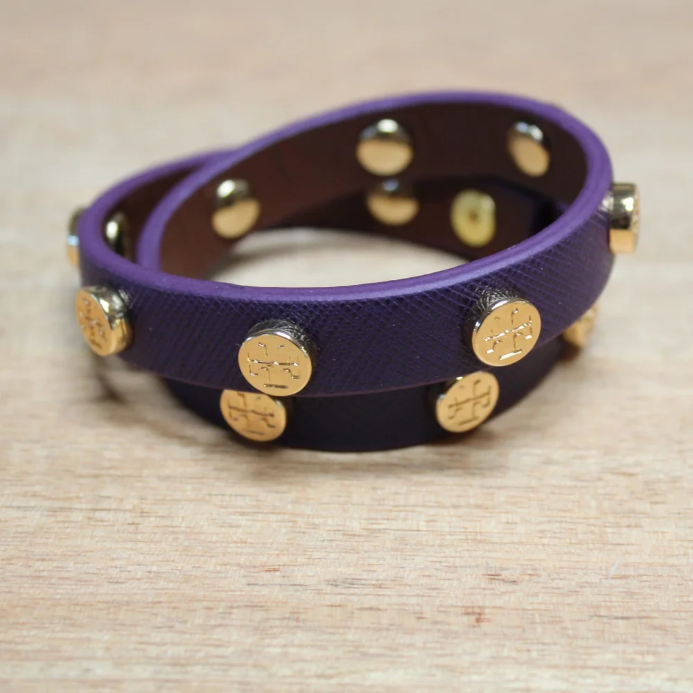 Tory Burch Purple Leather Wrap Bracelet with Gold Studs